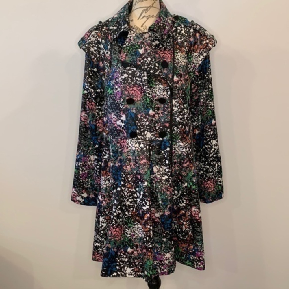 Rachel Roy double breasted zip pleated trench coat splatter print M